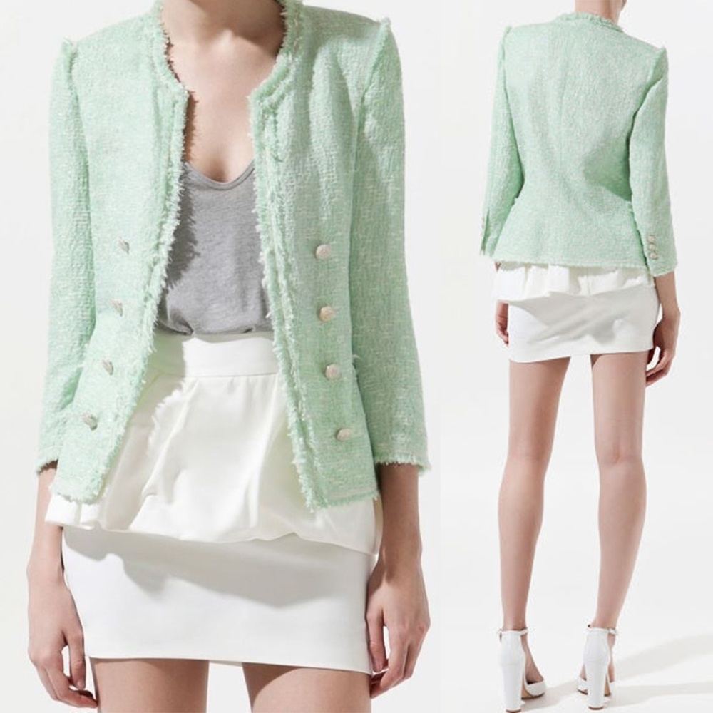Rare Zara Fantasy Tweed Boucle Mint Button Blazer